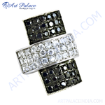 Load image into Gallery viewer, Silver ring with alternating rows of black and white gemstones, a modern and stylish design.