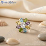 Load image into Gallery viewer, Anillo de plata con flor y múltiples piedras preciosas para mujer