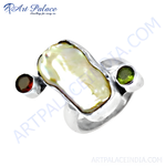 Load image into Gallery viewer, Sterling silver statement ring with large pearl, garnet, and peridot gemstones