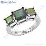 Load image into Gallery viewer, Sterling silver ring with three green square gemstones, a beautiful and elegant piece of jewelry.