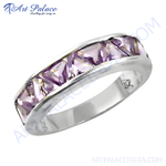 Load image into Gallery viewer, 925 sterling silver ring with square-cut purple amethyst gemstones in a channel setting