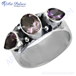 Load image into Gallery viewer, Sterling silver ring with three amethyst gemstones. Purple and silver ring.