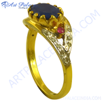Load image into Gallery viewer, gold plating ring with a large blue sapphire gemstone and a small red ruby, a luxurious and eye-catching piece of jewelry.
