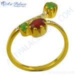 Load image into Gallery viewer, gold plating ring featuring a ruby gemstone and two emerald gemstones, a vibrant piece of jewelry.