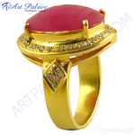 Load image into Gallery viewer, gold plating ring with a large oval-cut ruby gemstone and diamond accents, a beautiful piece of jewelry.