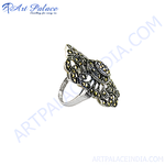 Load image into Gallery viewer, Sterling silver marcasite ring with intricate openwork design and sparkling stones.