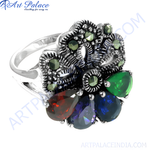 Load image into Gallery viewer, Sterling silver marcasite ring with red, purple, blue, and green gemstones in a floral design