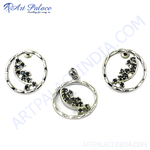 将图像加载到图库查看器中, Sterling silver pendant and stud earrings set with black sapphire gemstones. Stylish and elegant design.