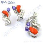 Load image into Gallery viewer, Sterling silver earrings and pendant set featuring red coral and purple gemstone accents, luxury jewelry.