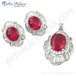 将图像加载到图库查看器中, Silver ruby pendant and earrings set with red gemstone. Women's jewelry for elegant wear.