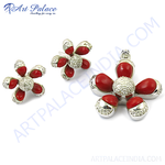 Load image into Gallery viewer, Silver flower jewelry set with red coral gemstones, includes pendant and earrings