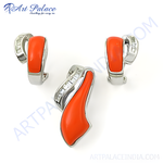 将图像加载到图库查看器中, Silver pendant and matching earrings with vibrant orange coral gemstones.
