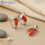 Load image into Gallery viewer, Silver Coral Jewelry Set | Gemstone Earrings, Pendant | For Women