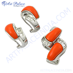 Load image into Gallery viewer, Silver stud earrings with vibrant orange coral stones and sparkling cubic zirconia accents.