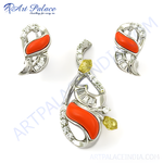 Load image into Gallery viewer, Silver pendant and matching earrings set with red coral gemstones and cubic zirconia accents