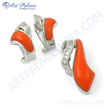 将图像加载到图库查看器中, Silver drop earrings with vibrant orange coral gemstones. Contemporary women's jewelry.