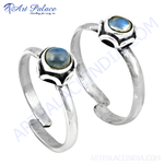 Load image into Gallery viewer, 925 sterling silver adjustable toe rings featuring blue moonstone gemstone accents on white background.