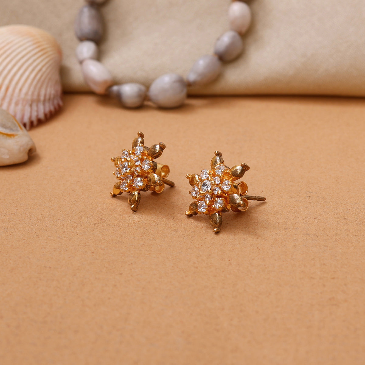 Gold plating floral stud earrings with diamonds | women's jewelry gift