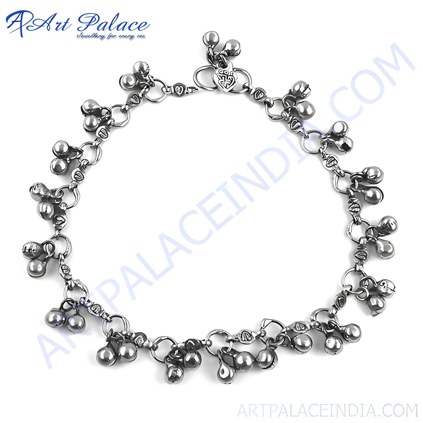Silver anklet with multiple bells, a delicate and elegant piece of jewelry for women.