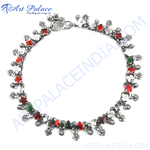 Load image into Gallery viewer, 925 sterling silver anklet with red, green and white enamel flower accents on a white background.