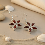 Load image into Gallery viewer, 925 silver flower earrings with five red carnelian gemstone petals, elegant dangle earrings.