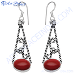 Load image into Gallery viewer, 925 sterling silver drop earrings with oval red coral gemstones. Dangle style earrings, perfect for everyday wear.