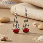 Load image into Gallery viewer, 925 sterling silver drop earrings with oval red coral gemstones. Dangle style earrings, perfect for everyday wear.