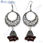 Load image into Gallery viewer, Silver filigree drop earrings with intricate detailing and red bead accents for women.
