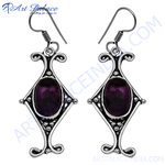 Load image into Gallery viewer, 925 sterling silver dangle earrings with purple oval gemstone center, featuring a detailed art deco design.