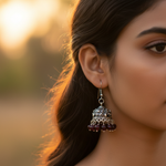 Load image into Gallery viewer, Silver Jhumka Earrings with Red Beads | Indian Ethnic Jewelry
