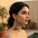 Load image into Gallery viewer, 925 Silver Filigree Dangle Earrings with Green Beads | For Women