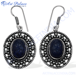 Load image into Gallery viewer, 925 sterling silver dangle earrings with oval-shaped blue lapis lazuli gemstones for women.