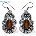 Load image into Gallery viewer, 925 sterling silver dangle earrings with oval tiger eye gemstone center, detailed openwork design, for women.