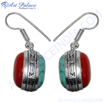 Load image into Gallery viewer, Silver Red Coral & Turquoise Drop Earrings | Women's Jewelry