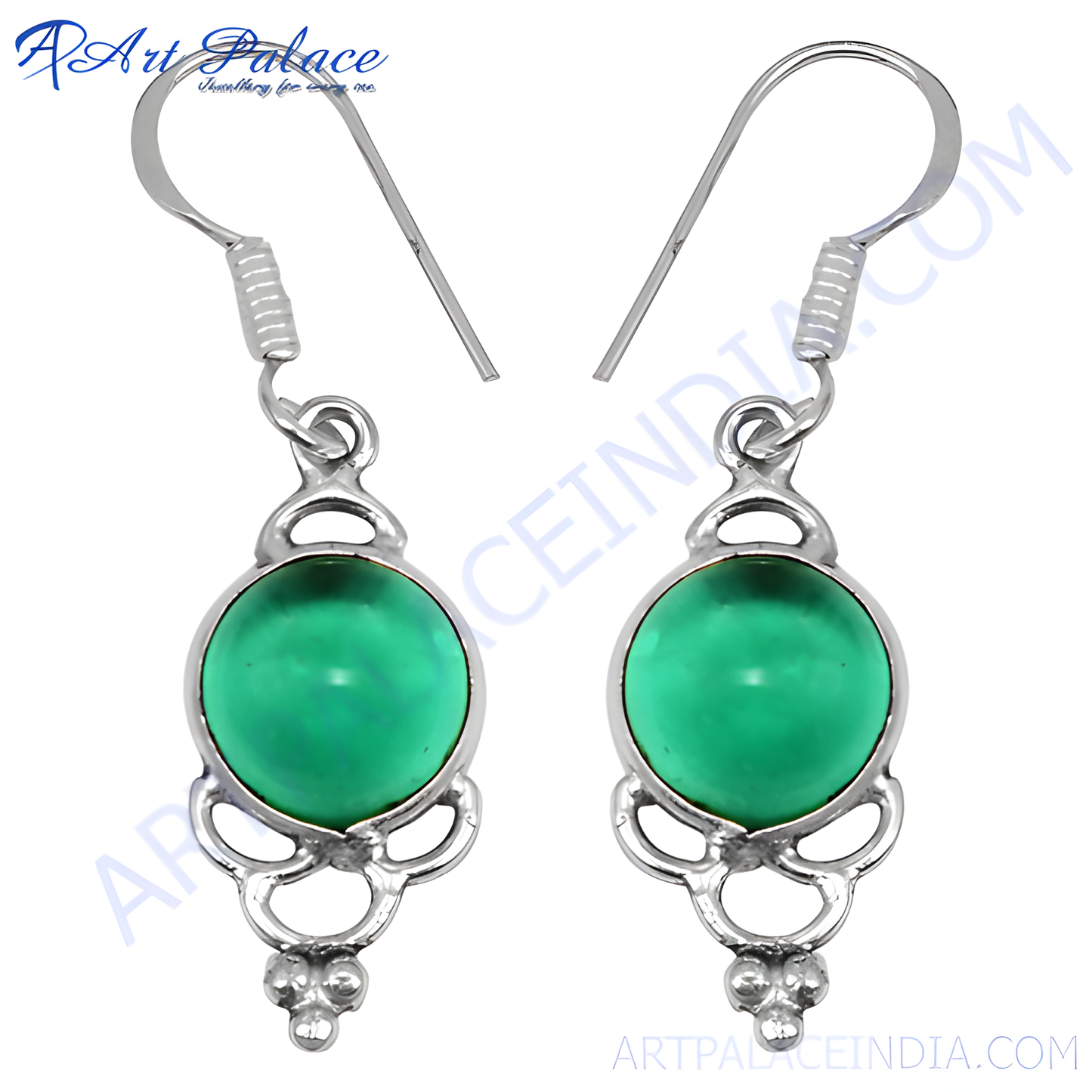 925 sterling silver drop earrings with a round green gemstone in a silver setting, for women.