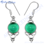 Load image into Gallery viewer, 925 sterling silver drop earrings with a round green gemstone in a silver setting, for women.