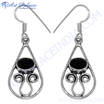 Load image into Gallery viewer, 925 sterling silver teardrop earrings with oval blue sandstone gemstone center
