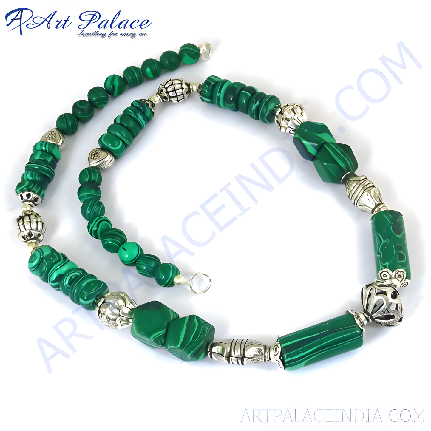 A beautiful malachite stone necklace featuring silver accents on a white background, showcasing the green gemstone.