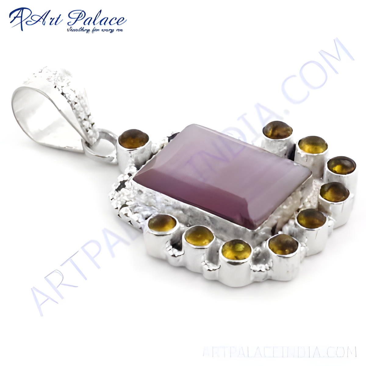 925 sterling silver amethyst pendant with purple gemstone and yellow accent stones
