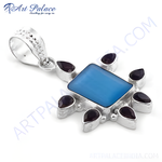 Load image into Gallery viewer, 925 silver pendant necklace with a blue gemstone center and dark accent stones