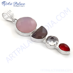 Load image into Gallery viewer, 925 sterling silver pendant with pink, grey, clear, and red gemstones
