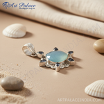 将图像加载到图库查看器中, 925 sterling silver pendant with a large, light blue chalcedony center stone and black accent gemstones.