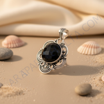 Load image into Gallery viewer, 925 sterling silver pendant with a large, faceted black onyx gemstone center, floral design.