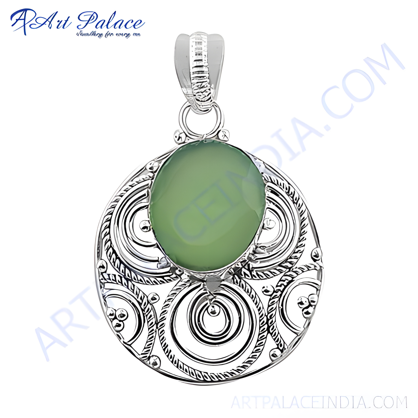 925 sterling silver pendant with a green chalcedony oval gemstone. A detailed filigree design.