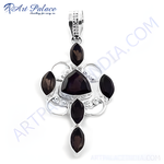 Load image into Gallery viewer, 925 sterling silver pendant with black gemstones set in a unique floral design.