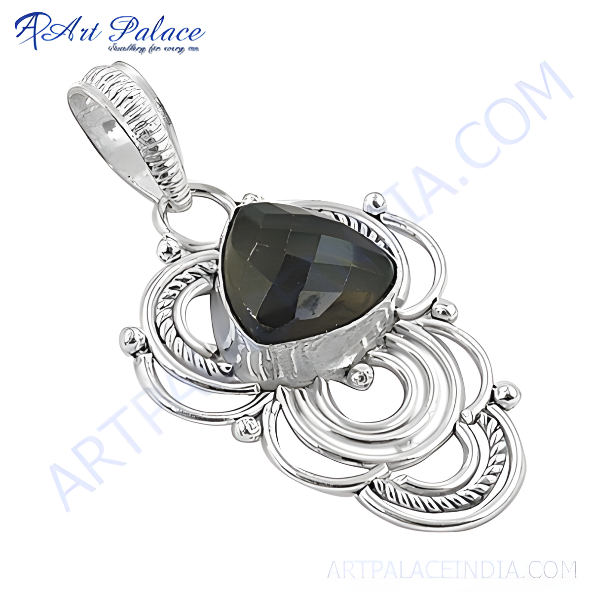 Sterling silver labradorite pendant with a teardrop shaped gemstone in a detailed silver setting