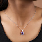 Load image into Gallery viewer, Sterling Silver Pear Amethyst Cubic Zirconia Halo Pendant Necklace