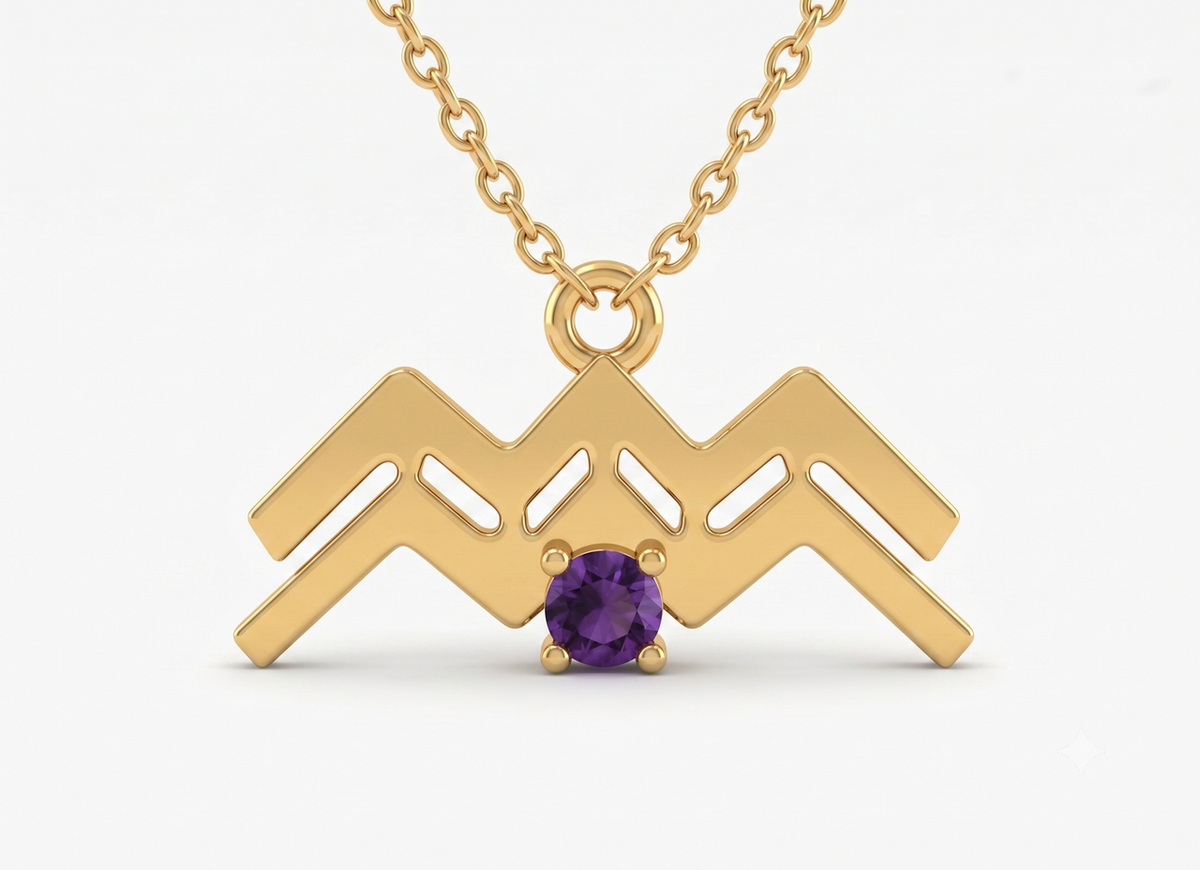 Gold plated 925 silver aquarius zodiac sign pendant necklace with a round purple amethyst stone