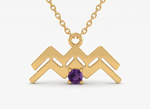 Load image into Gallery viewer, Gold plated 925 Silver Aquarius zodiac sign pendant necklace with a round purple Amethyst stone.