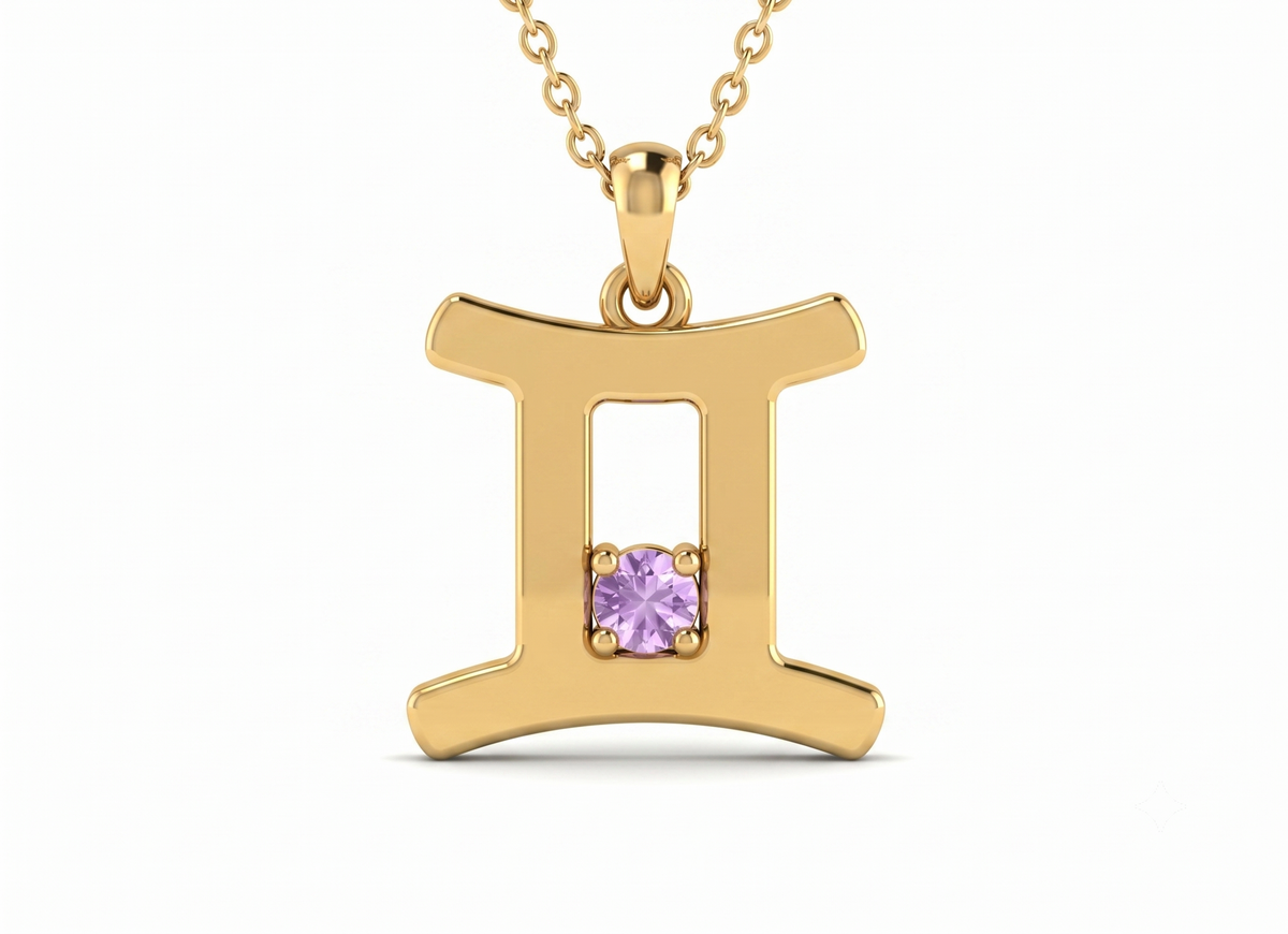 Gemini zodiac lavender colour cubic zirconia pendant necklace in gold plated 925 silver